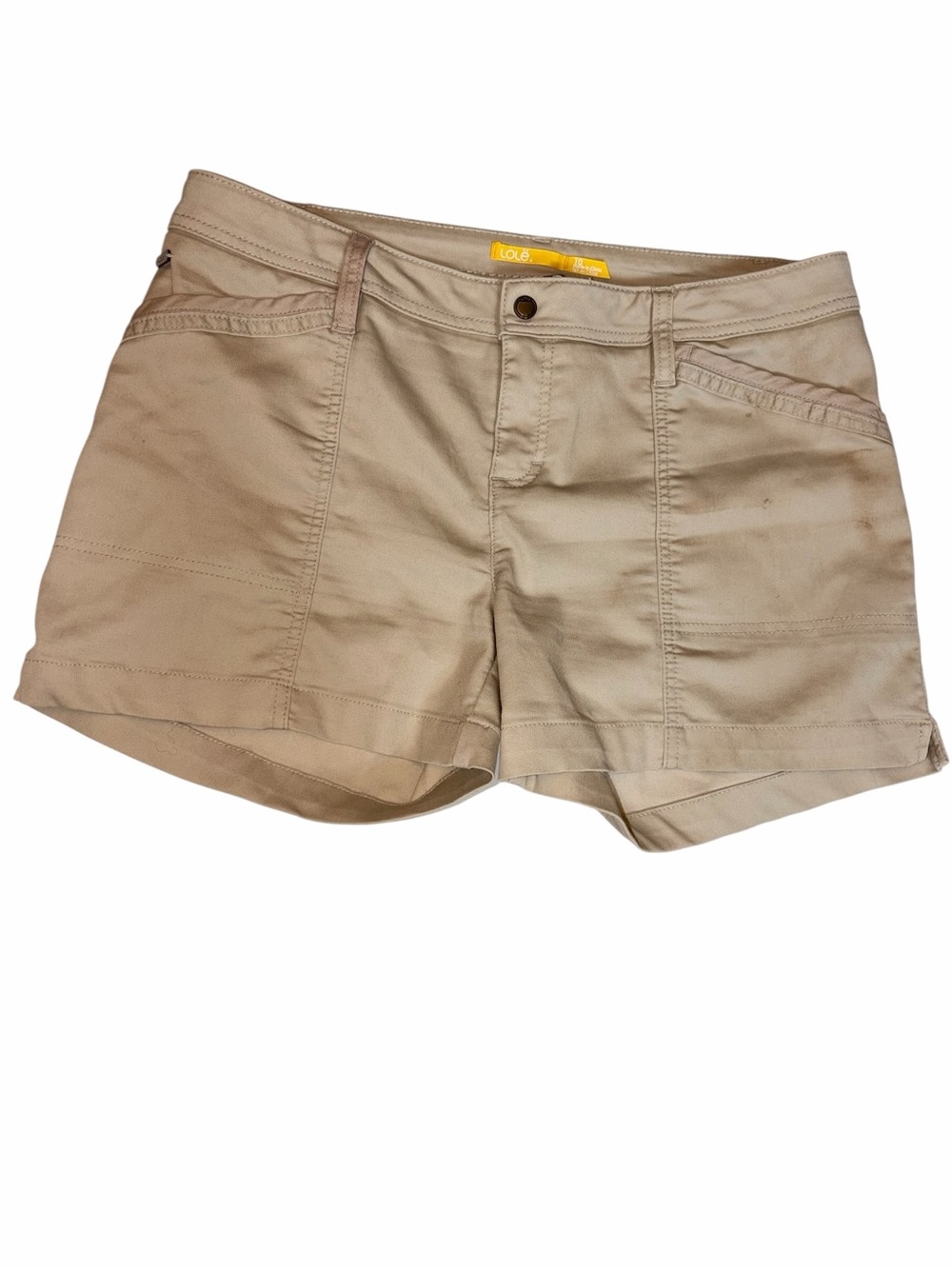 Lolë women's hiking shorts cargo khaki tan pockets size 10 distressed